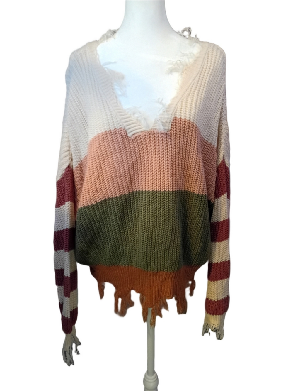 Polly & Esther Dusty Rose PinkCream Striped Raw Edges Cropped Sweater Size Large